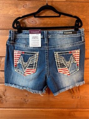 Vigoss 🇺🇸 Blue Denim Shorts with Flag Pocket Embroidery